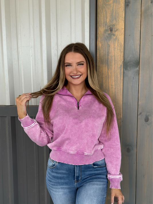 Shylee Acid Wash Fleece Half Zip Pullover - Mauve