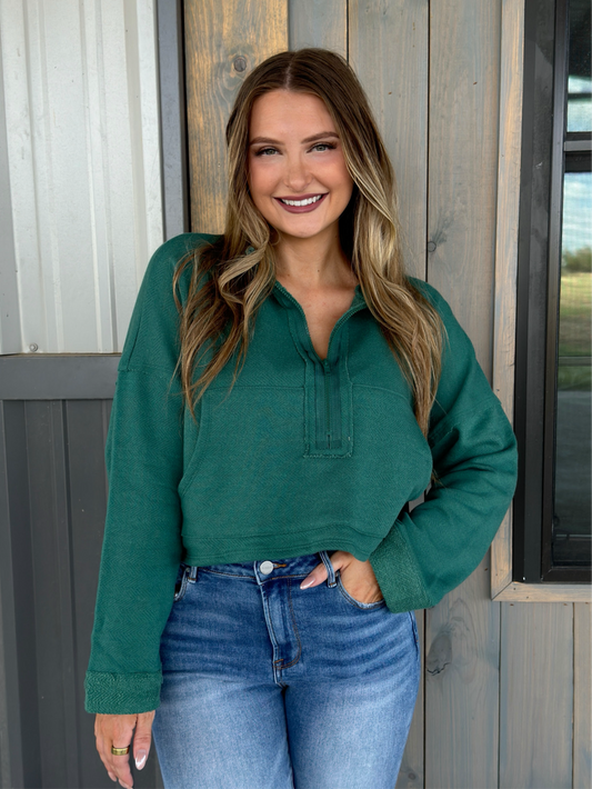 Hunter Zip-Up Crop Sweatshirt - Hunter Green