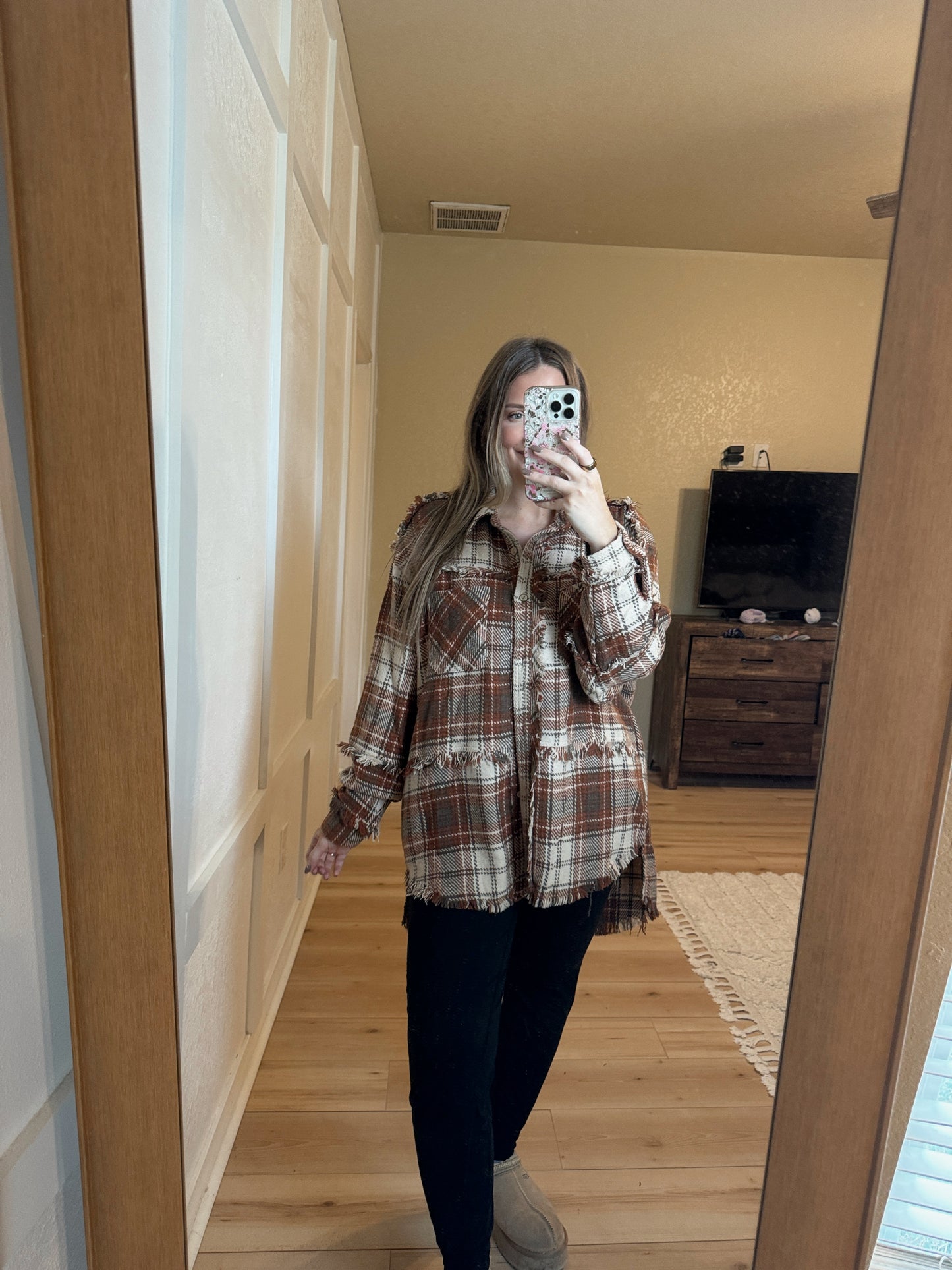 Harvest Wishes Oversized Plaid Shacket - Brown