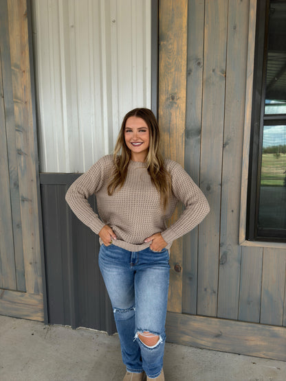 Miles Long Sleeve Waffle Sweater - Light Mocha