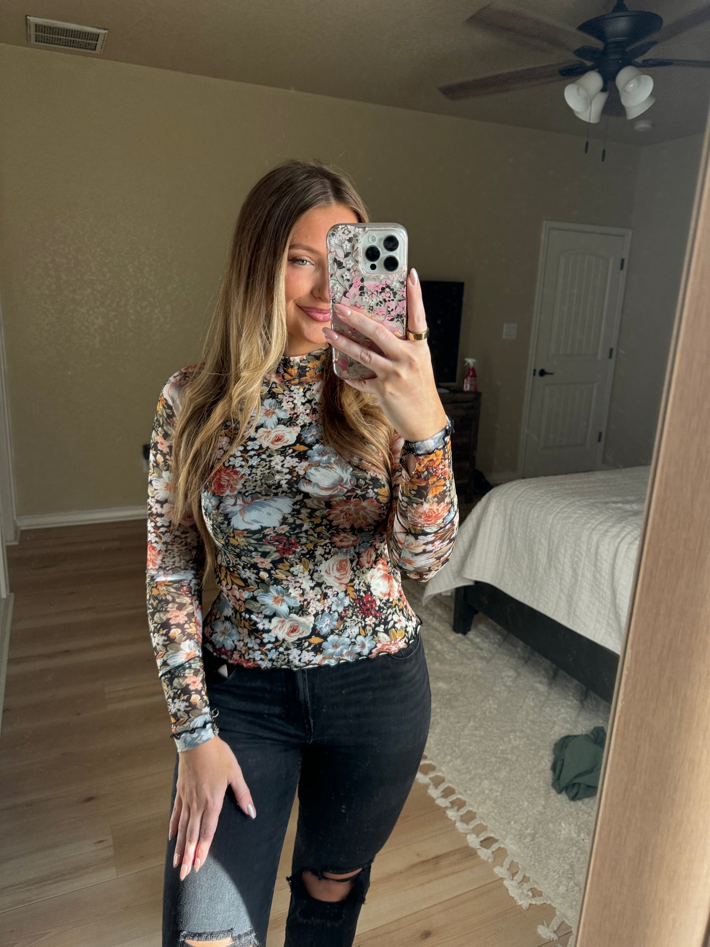 Floral Mesh Long Sleeve Top - Black Floral