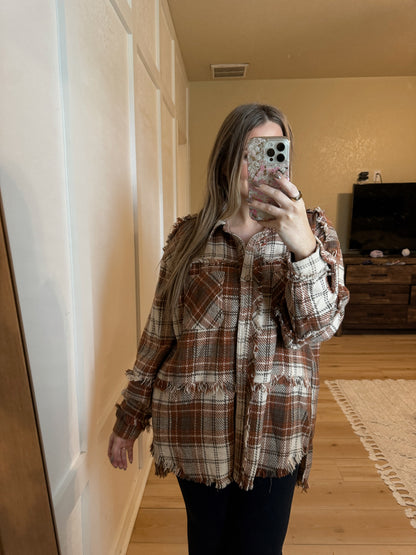 Harvest Wishes Oversized Plaid Shacket - Brown