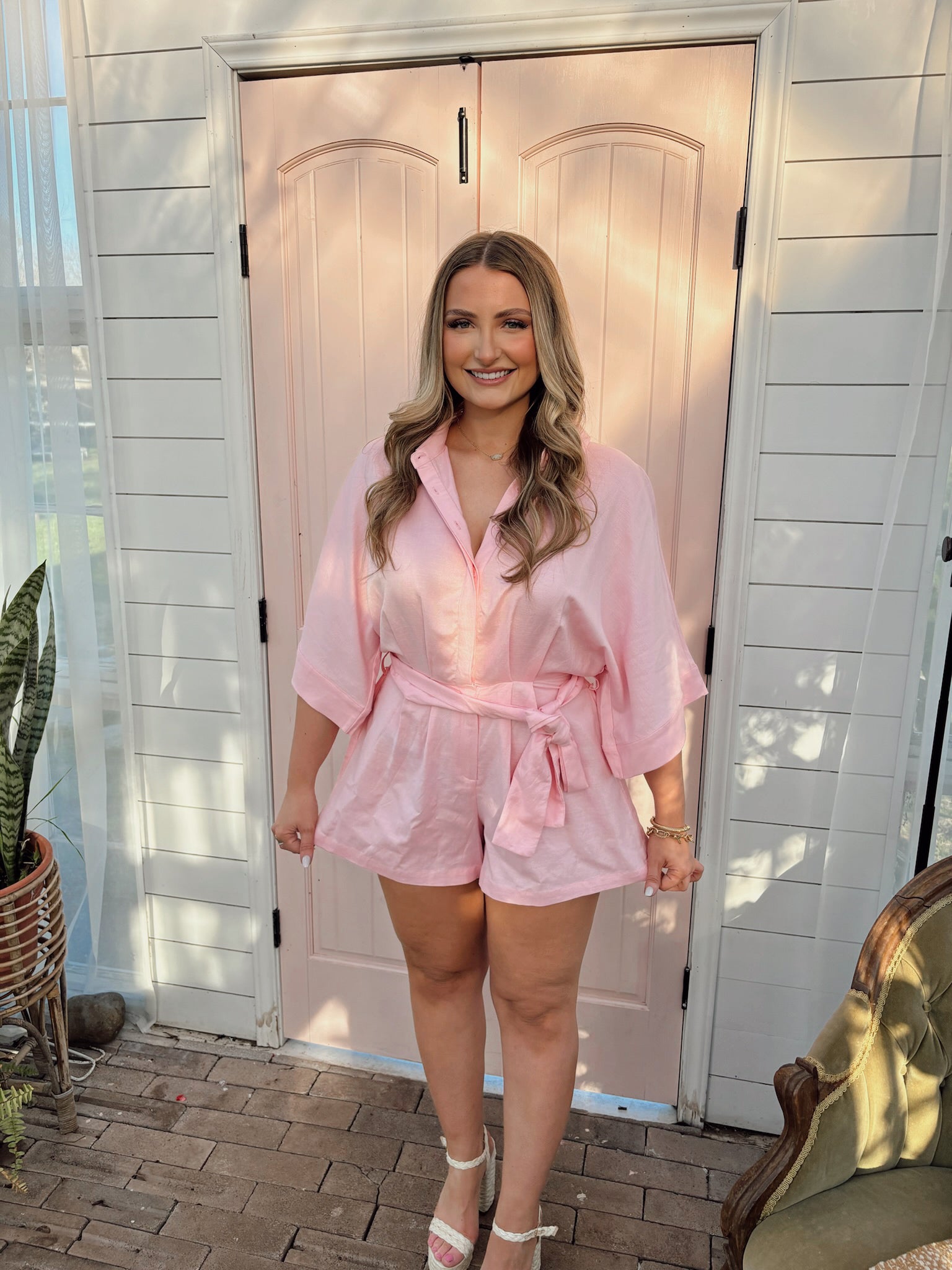 Codi Button Down Collared Romper - Pink - The Pretty Peach