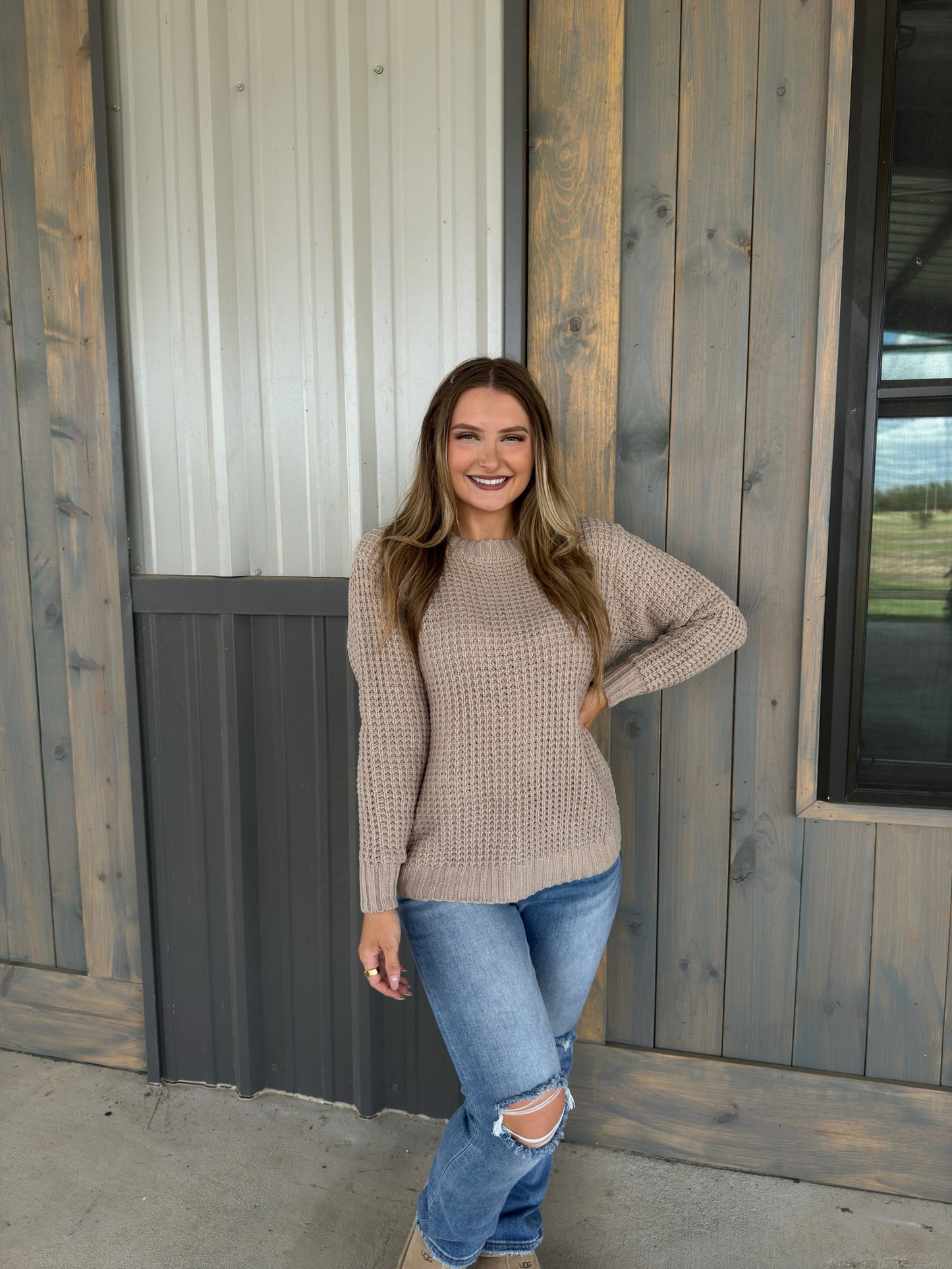 Miles Long Sleeve Waffle Sweater - Light Mocha