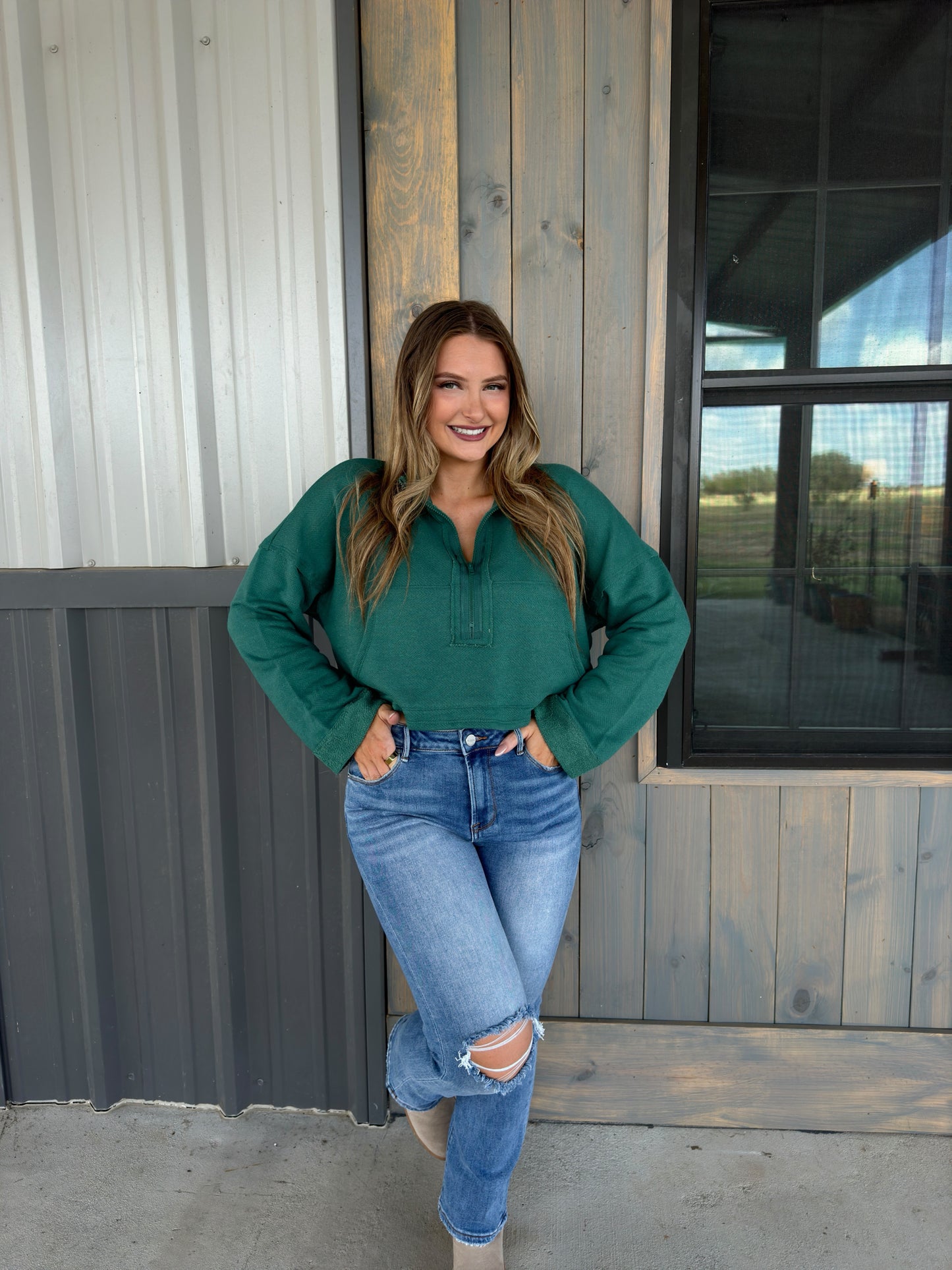 Hunter Zip-Up Crop Sweatshirt - Hunter Green