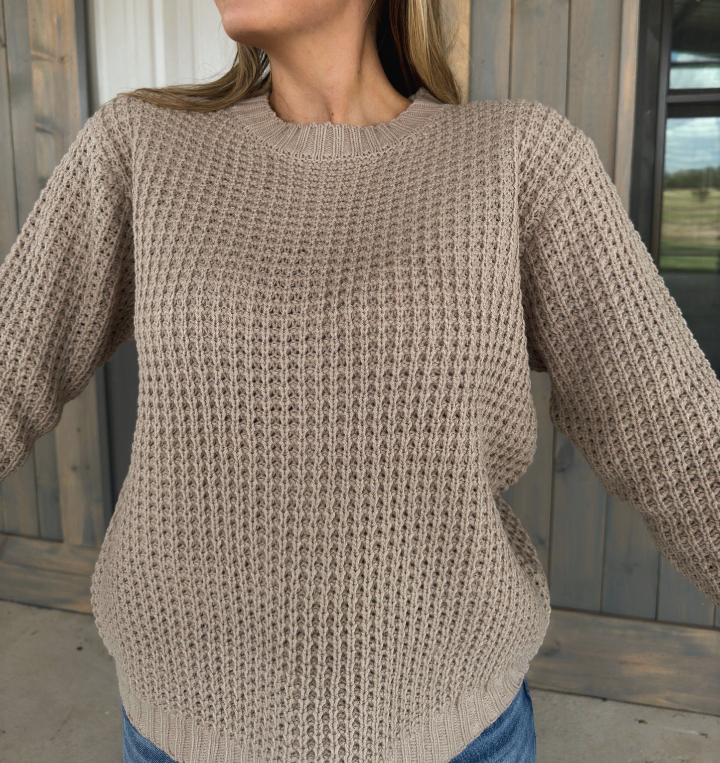 Miles Long Sleeve Waffle Sweater - Light Mocha