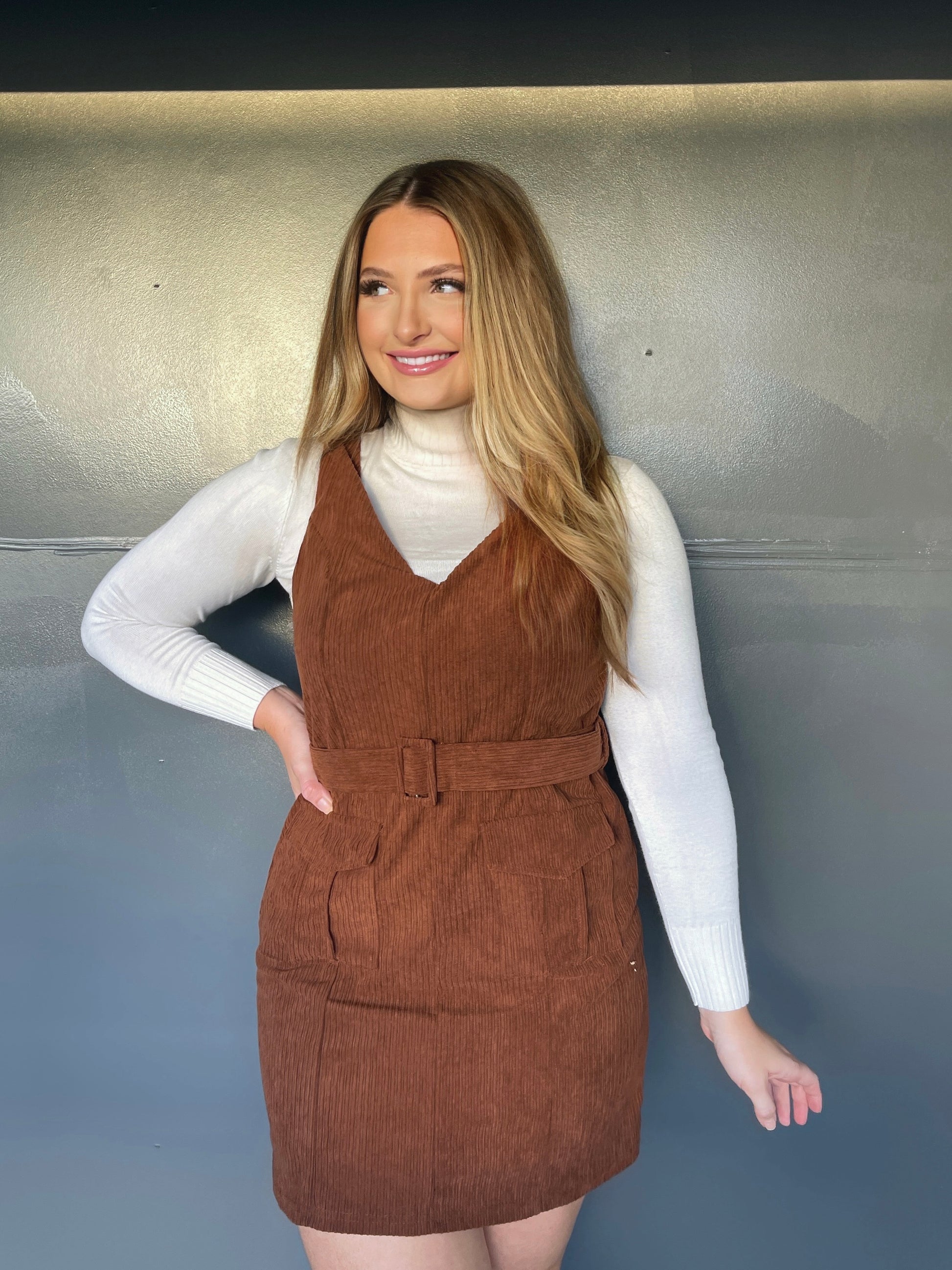 Sabrina Corduroy Belted Mini Dress - Brown - The Pretty Peach