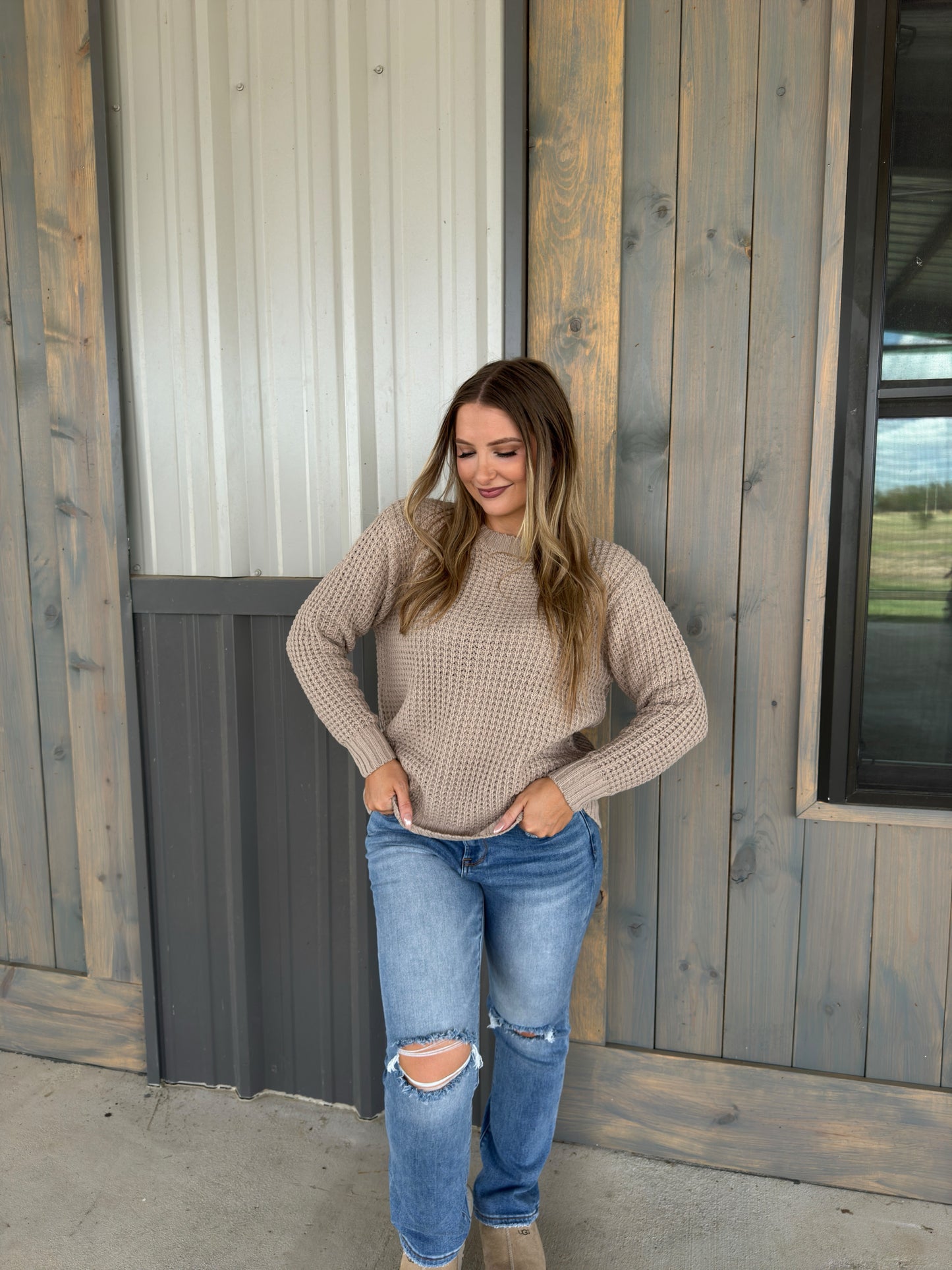 Miles Long Sleeve Waffle Sweater - Light Mocha