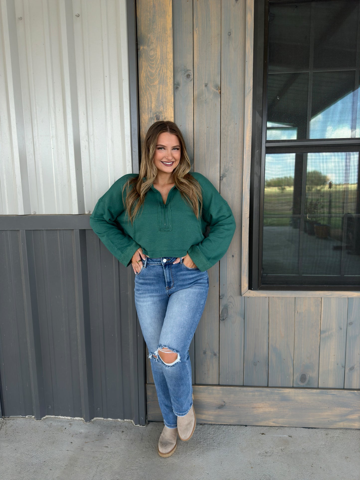 Hunter Zip-Up Crop Sweatshirt - Hunter Green