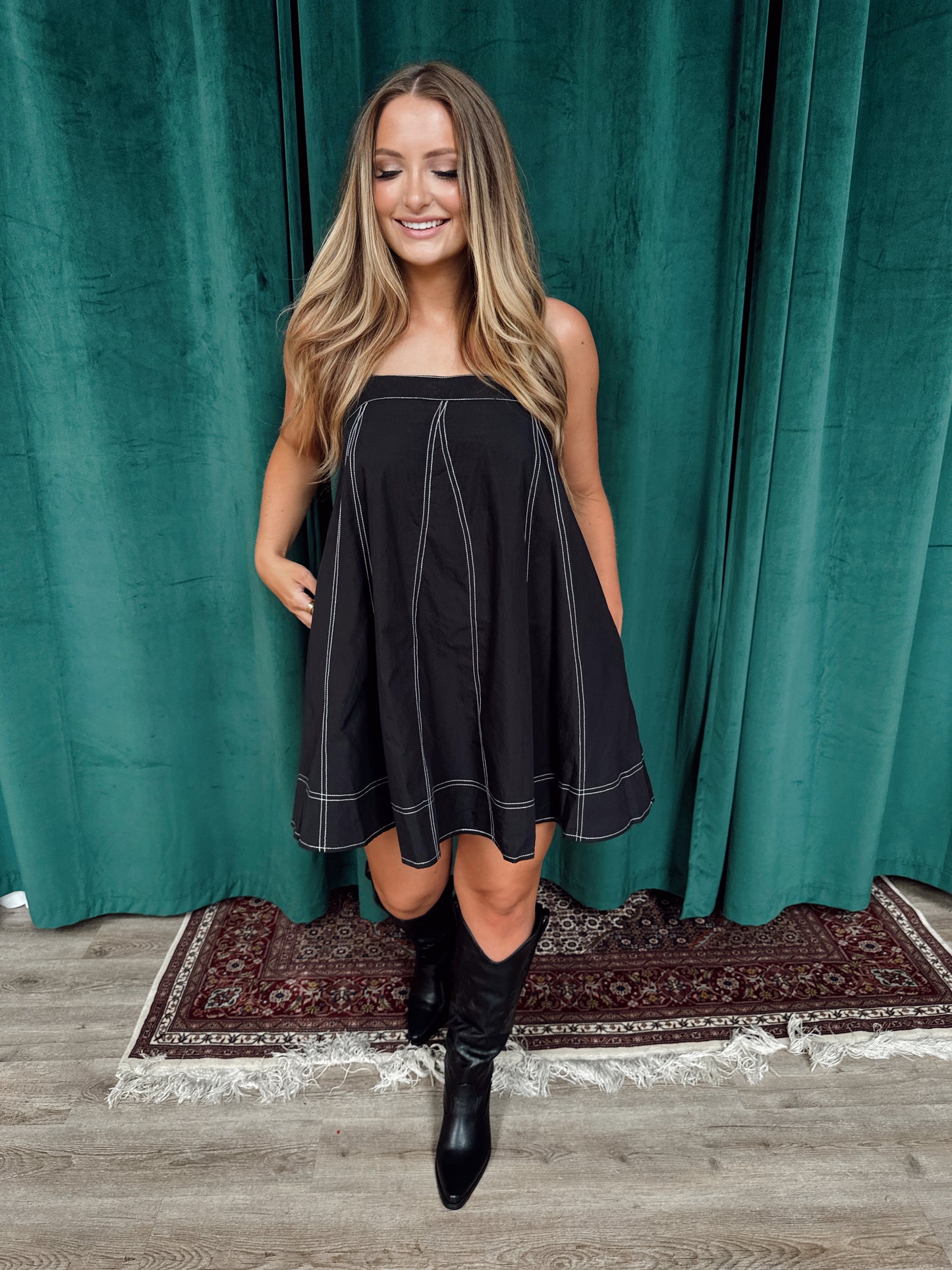 Colleen Contrast Stitch Mini Dress - Black - The Pretty Peach