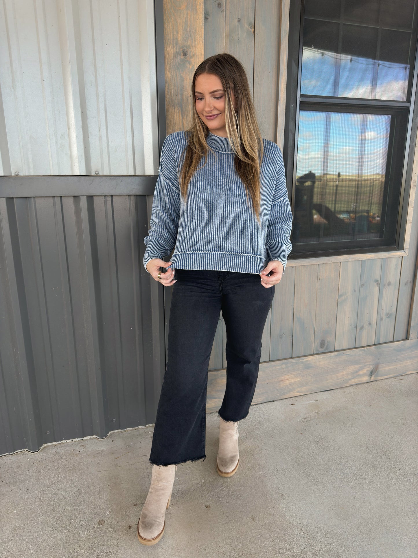 Chandler Washed Oversized Ribbed Sweater - Dusty Blue