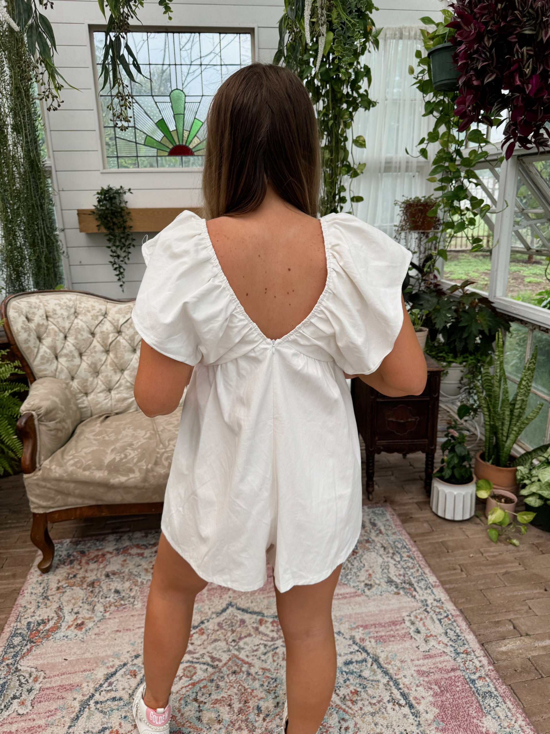 Logan Flutter Sleeve Denim Romper - White - The Pretty Peach