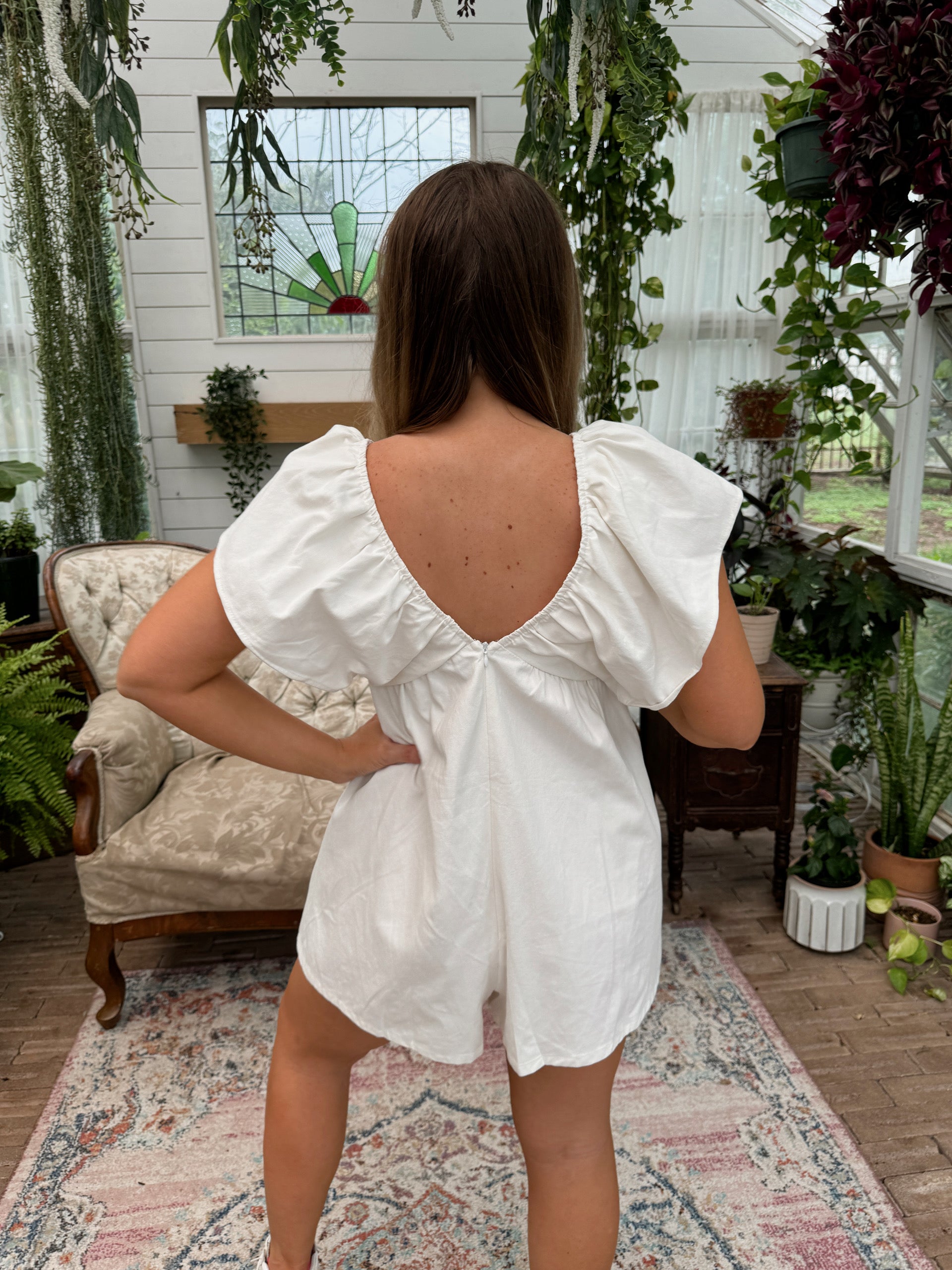 Logan Flutter Sleeve Denim Romper - White - The Pretty Peach