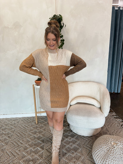 Toffee Cream Colorblock Sweater Dress - Taupe