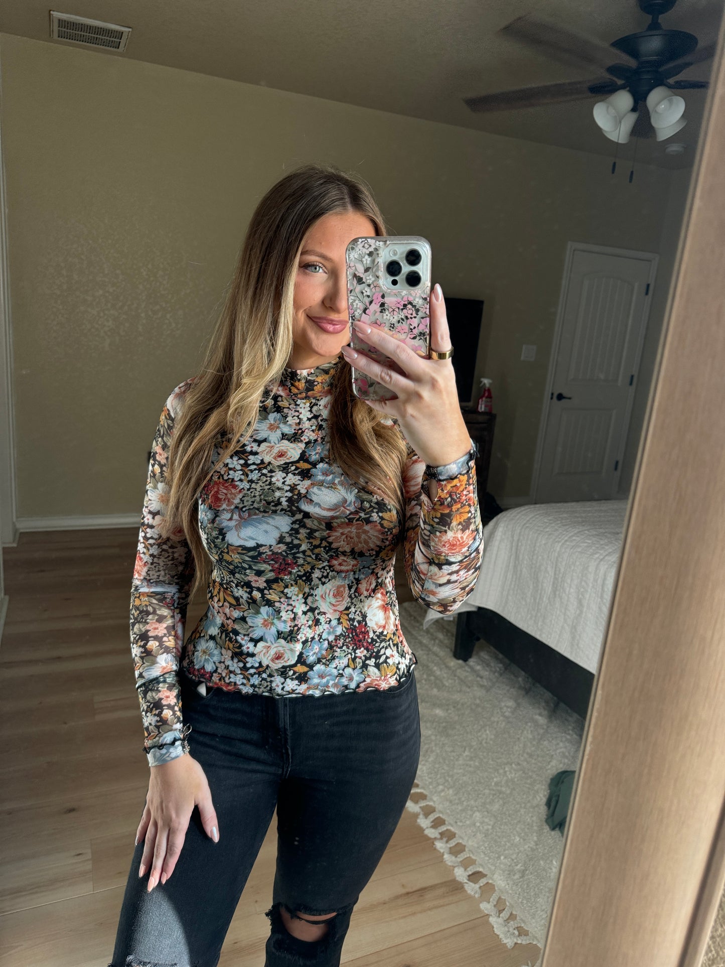 Floral Mesh Long Sleeve Top - Black Floral