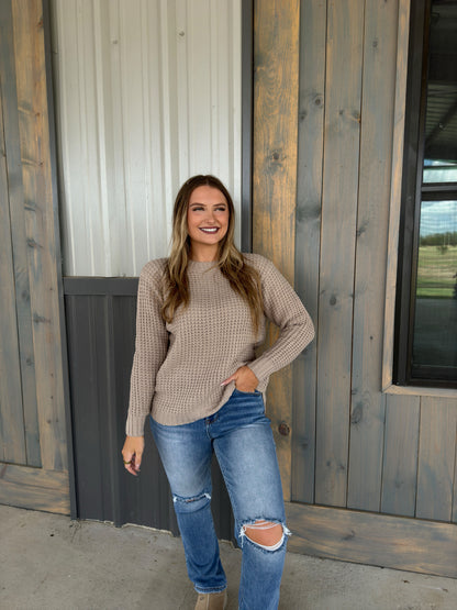 Miles Long Sleeve Waffle Sweater - Light Mocha