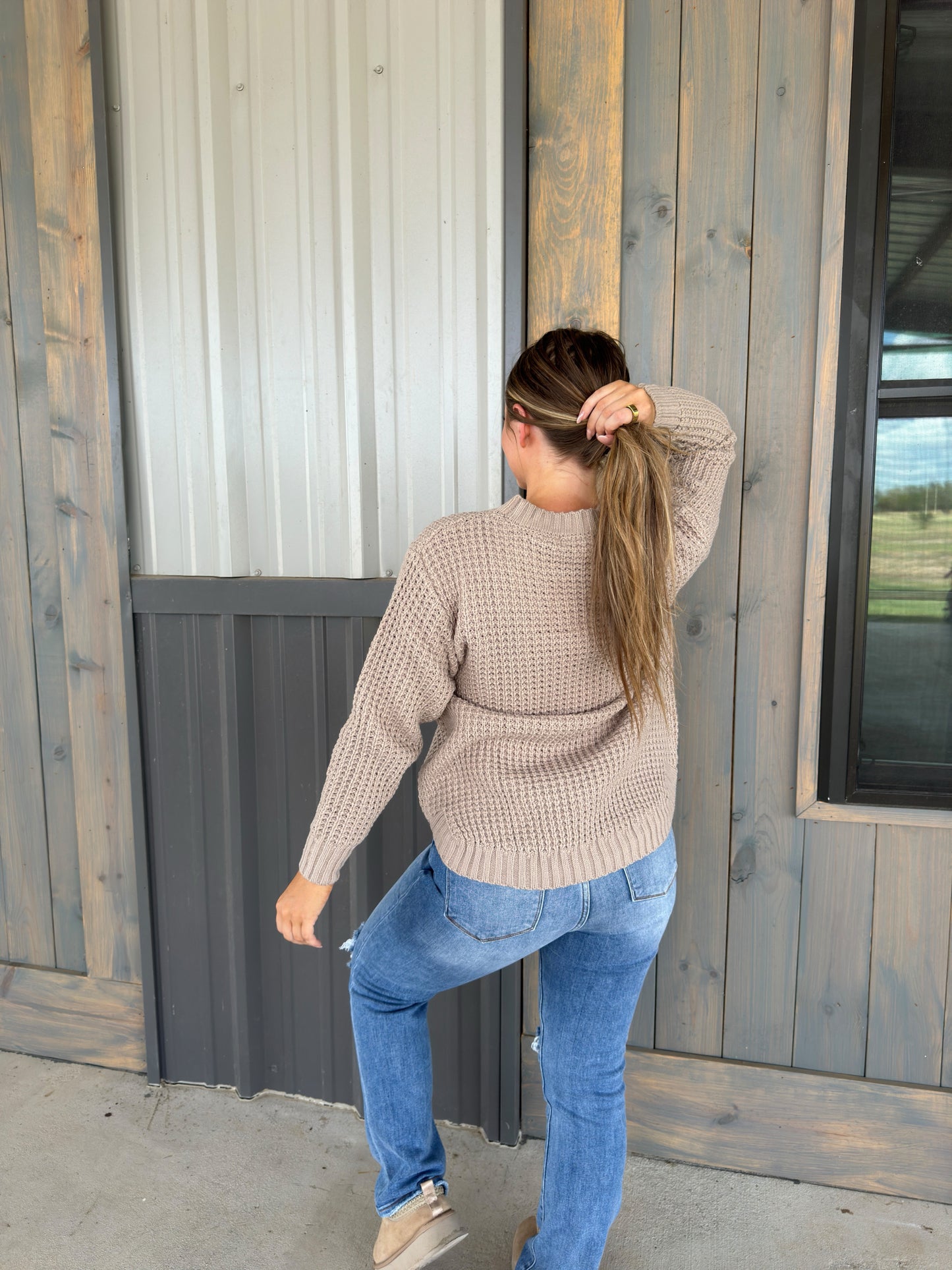 Miles Long Sleeve Waffle Sweater - Light Mocha