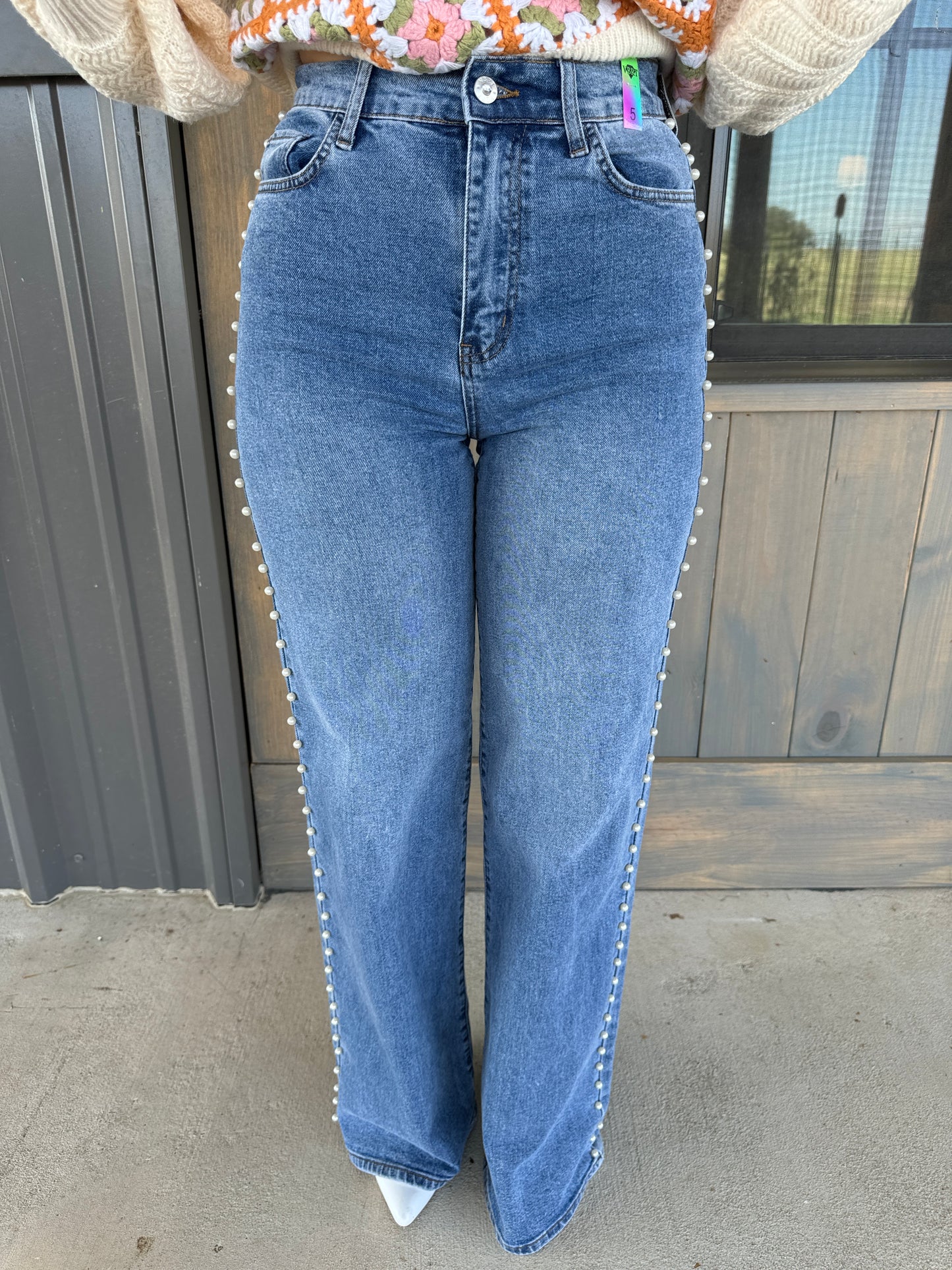 High Rise Pearl Stud Wide Jeans - Medium Wash