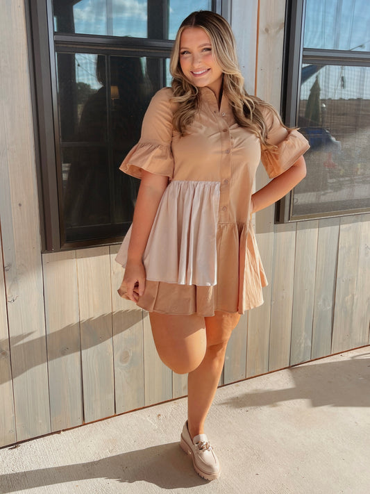 Kyndal Asymmetrical Tiered Ruffle Dress - Tan - The Pretty Peach