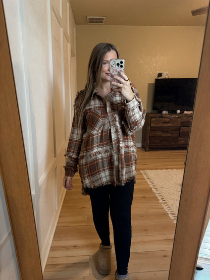 Harvest Wishes Oversized Plaid Shacket - Brown