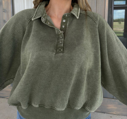 Gracie Acid Wash Fleece Button Up Pullover - Multiple Colors