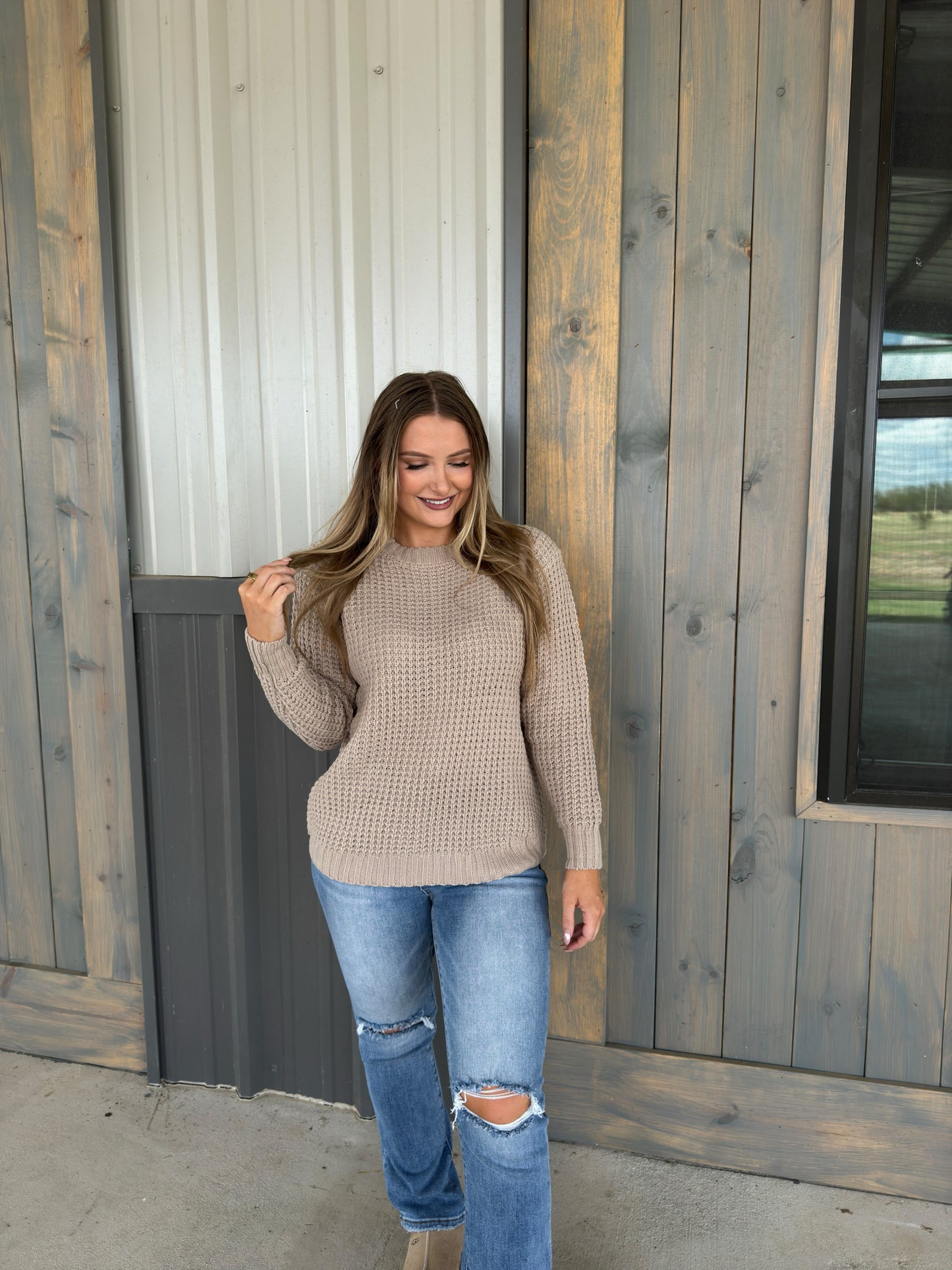 Miles Long Sleeve Waffle Sweater - Light Mocha