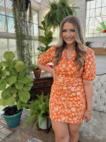 orange floral belted mini dress