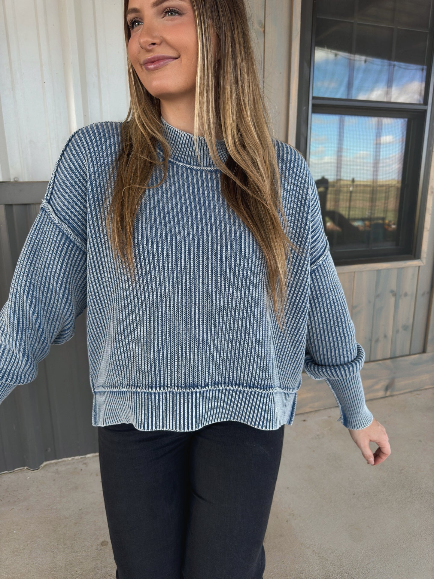 Chandler Washed Oversized Ribbed Sweater - Dusty Blue