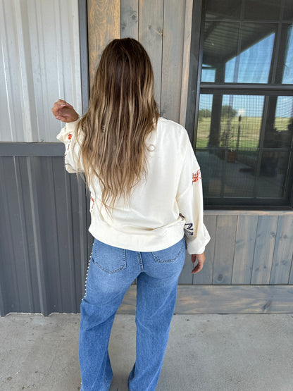 Skeletons Sequin Embroidered Oversized Sweatshirt - Cream