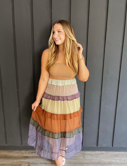 Cammi Neutral Color Block Maxi Dress - Light Orange/Multi - The Pretty Peach