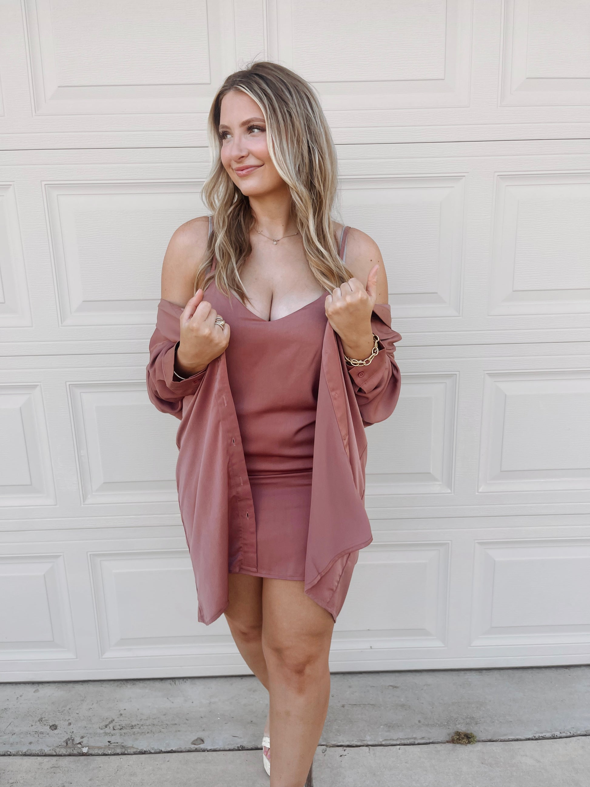 Skylar Slip Dress & Collared Shirt - Mauve - The Pretty Peach