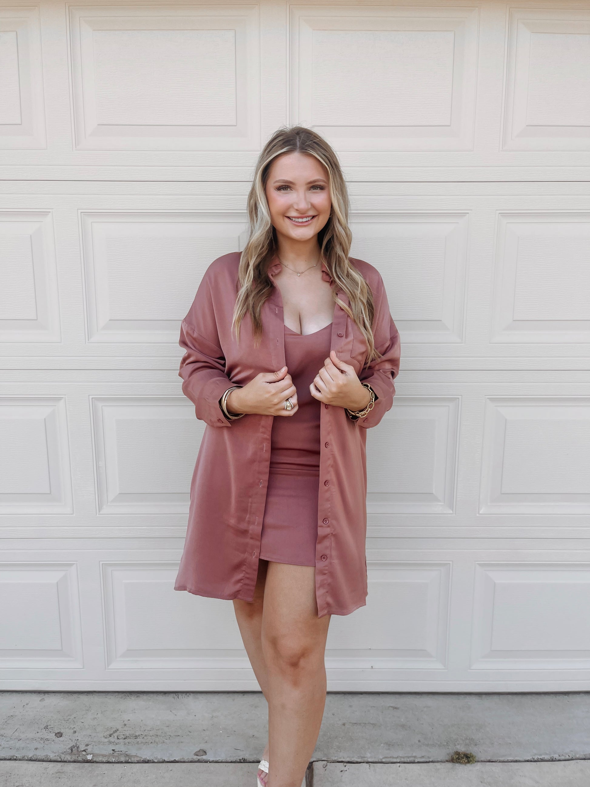 Skylar Slip Dress & Collared Shirt - Mauve - The Pretty Peach